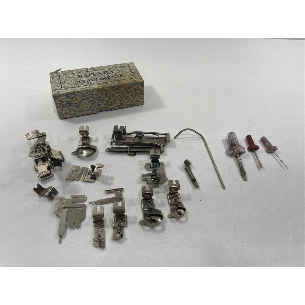 17 Piece Lot of Vintage Greist Rotary Sewing Machine Attachments with Case. Used
